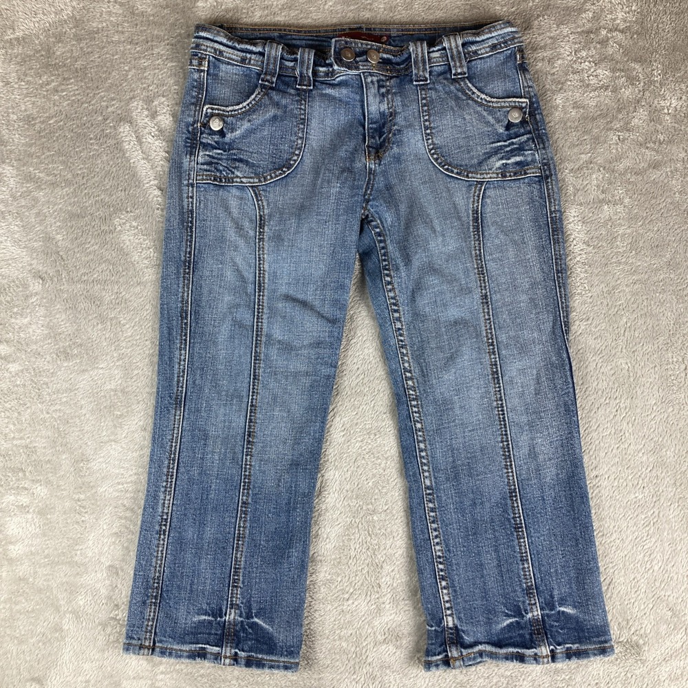 V2 USA Capri Jeans Womens 11/12‎ Blue Denim Button Flap Faded Stretch